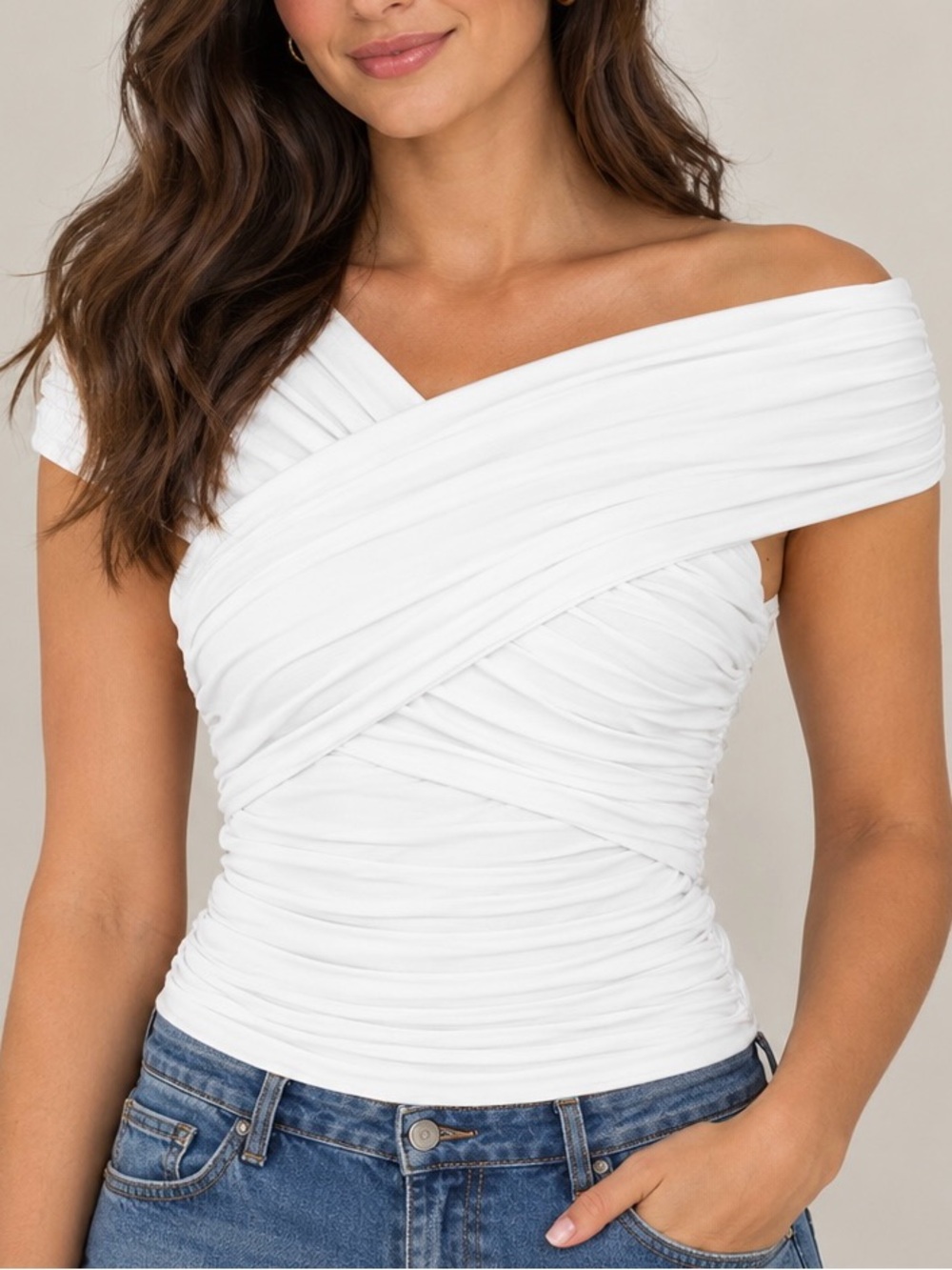HALARA Women’s Top Ruched Crossover Sz M White Off / On Shoulder stretch skinny